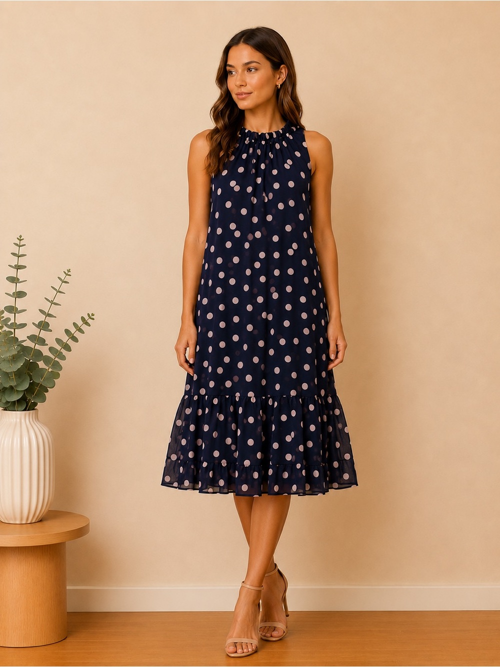 JBS Navy Polka Dot Tiered Midi Dress Size 8 Sleeveless Ruffle Hem Women
